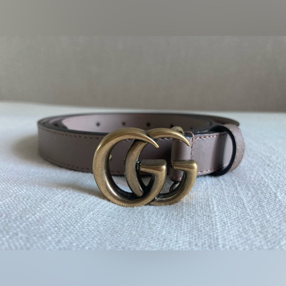 Gucci Blush Leather Belt with Gold Double G Buckle